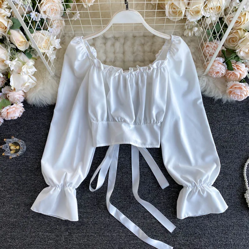 Blusa ceñida informal con cuello cuadrado para corta Camisa manga larga acampanada, Tops Vintage, Blusas DZA404 - AliExpress Ropa de