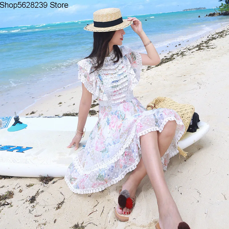 

2020 Summer Bali Vacation Chiffon Floral Printing Lace Edge Printing Lotus Leaf Edge Short Sleeve Dress Female