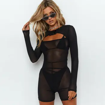 

Women Short Jumpsuit Leotard Mesh Long Sleeve Stretch Playsuit