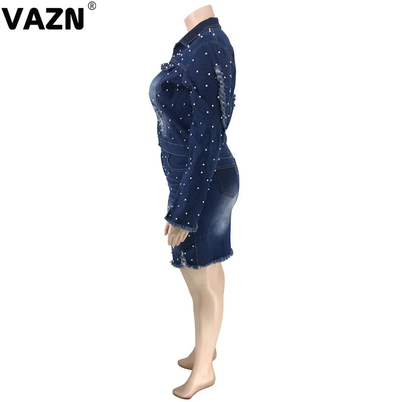 VAZN,, высококачественный джинсовый сексуальный обычный комплект размера плюс с длинным рукавом, женские юбки миди, комплект из 2 предметов