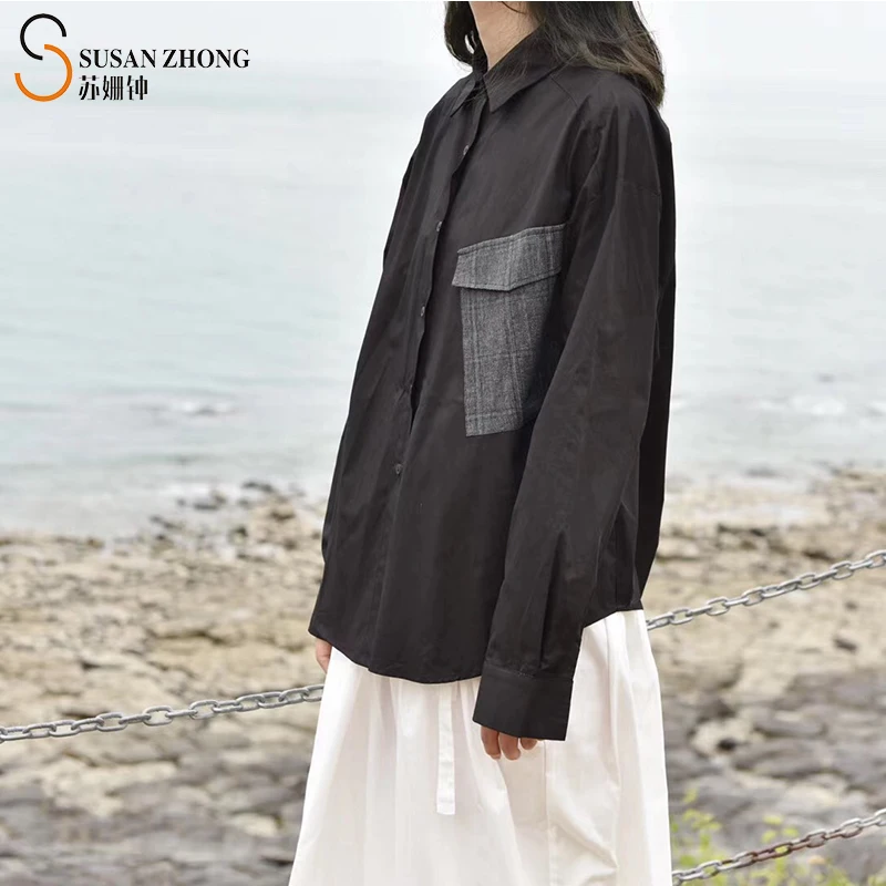 

Women Shirts Female Blouses Tops Full Long Sleeve Norm Core Minimalist Solid Patchwork Big Pockets Japanese Style Autumn Cotton