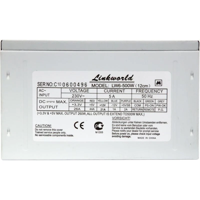 Блок питания LinkWorld ATX 500W LW6-500W(24+4pin) 120mm fan 3xSATA RTL
