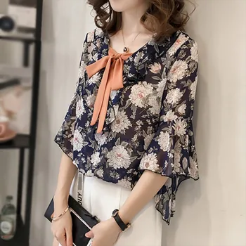 

Women Summer Blouse Floral Print Bow Decoration Floral Pattern Collar Casual Sweet Loose Chiffon Blouses