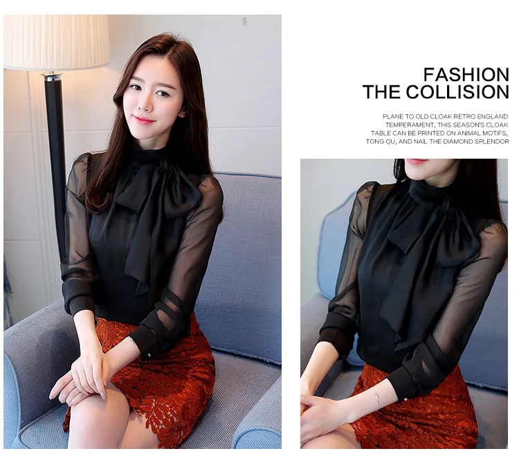 Новинка, летняя модная туника, женская блузка, рубашки с длинным рукавом, галстук-бабочка, шифон, водолазка, Формальные женские белые и черные рубашки QV554