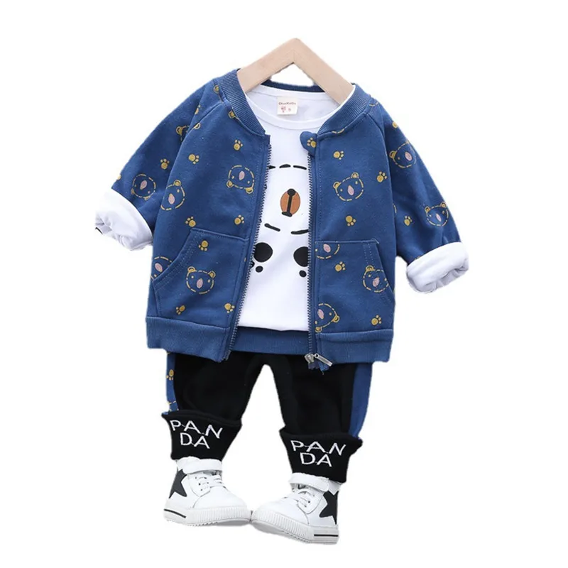 

Новинка, осенняя модная одежда для маленьких девочек и мальчиков, Детская куртка на молнии с мультяшным рисунком, футболка и брюки, 3 шт./комп...