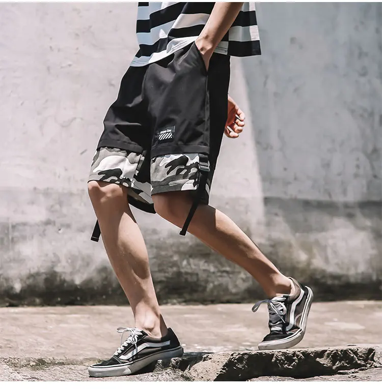 2021 summer new men's cropped slacks casual trousers camouflage splicing ribbon shorts black casual shorts