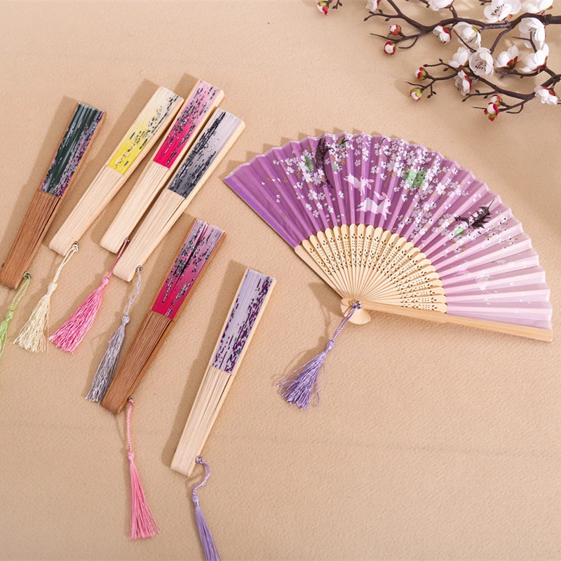 Vintage Chinese Style Spun Silk Folding Fan Japanese Plain Pattern Art Craft Gift Home Decoration Ornaments Dance Hand Fan