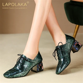 

Lapolaka 2020 Fashion Hot Genuine Leather Square Heels Mix Color Shoes Woman Pumps Female Lace Up Crystal Spring Pumps Women