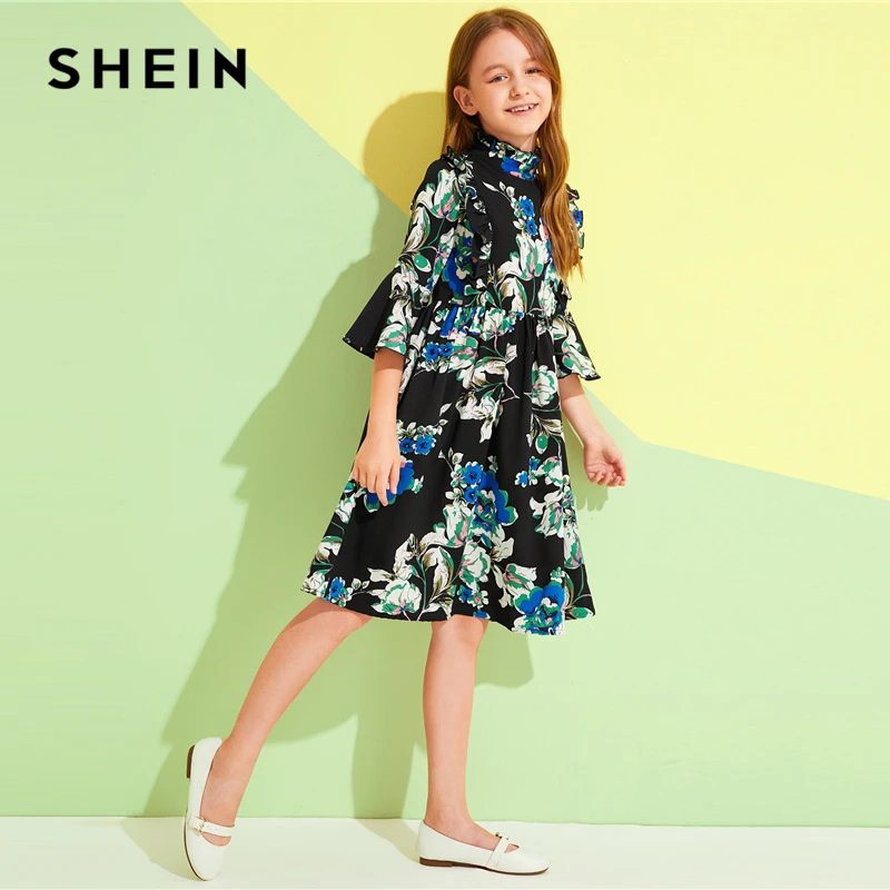 SHEIN/детское милое платье для девочек со стоячим воротником с цветочным принтом и рюшами; коллекция года; летние платья до колена с рукавами-воланами