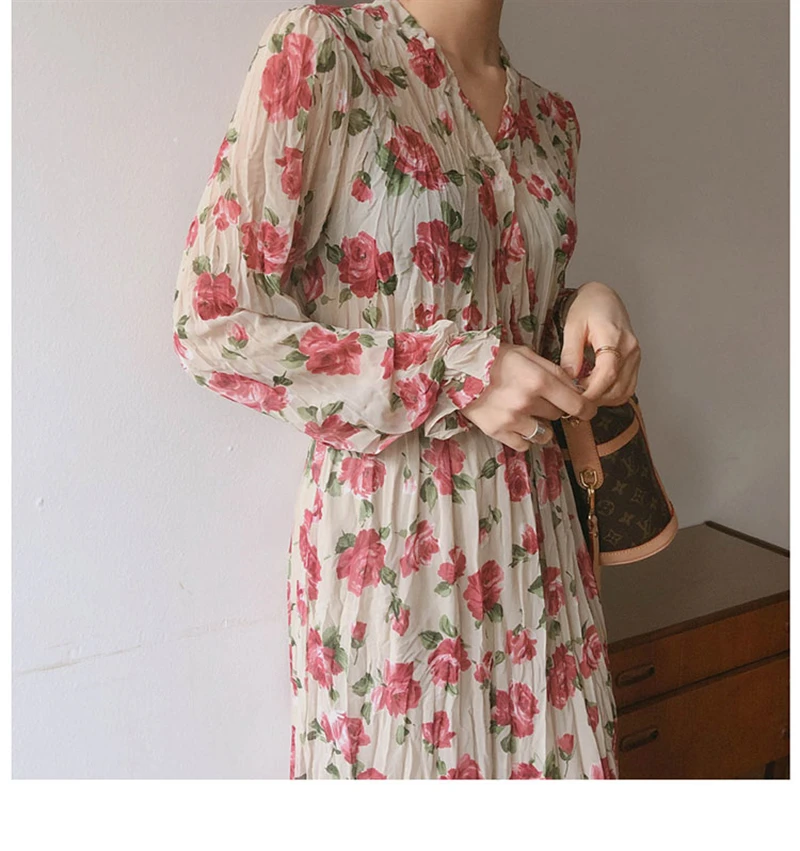 Tonglord 2020 Women Chiffon Dress V-neck Floral Print A-line Ruffles Female Party Dress Vintage Flare Sleeve Long Vestidos Femme