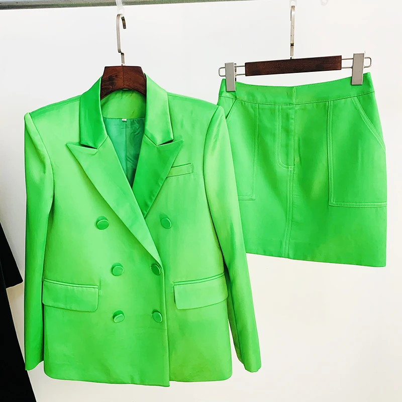 HIGH STREET Newest Fashion 2024 Designer Runway Suit Set Women's Double Breasted Straght Satin Blazer Mini Skirt Set 2