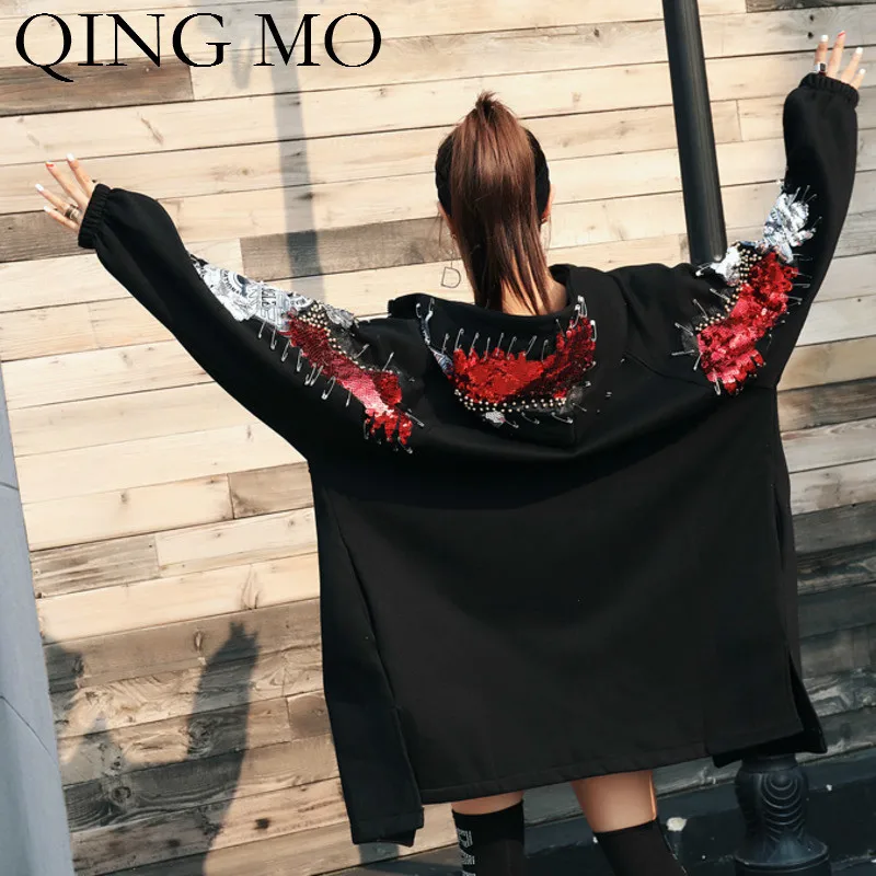 QING MO женское черное пальто с капюшоном пайетками 2019 зимнее плотное длинное плюс