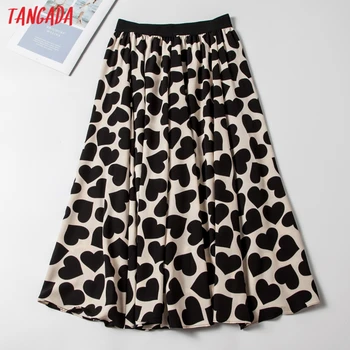 

Tangada women vintage heart print long skirt vintage strethy waist office ladies elegant chic mid calf skirts HE1