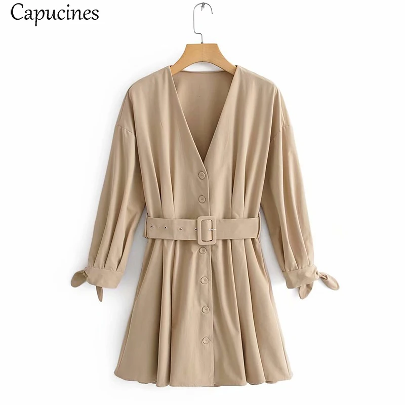 Capucines хаки однобортный пояс и галстук-бабочка манжеты короткое платье для женщин Весна Осень 3/4 рукав сексуальный v-образный вырез повседневные Мини платья