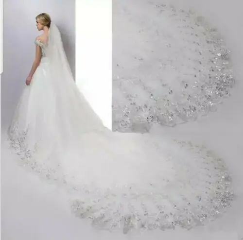 

White Ivory 1 Layer Long Sequins Lace Edge Bridal Wedding Veil +Comb