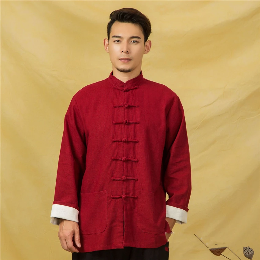 Mandarin Collar Tradtional Chinese Clothing for Men Jacket New Year Clothes Retro Blouse Chinese Shirt Style Tai Chi Uniform