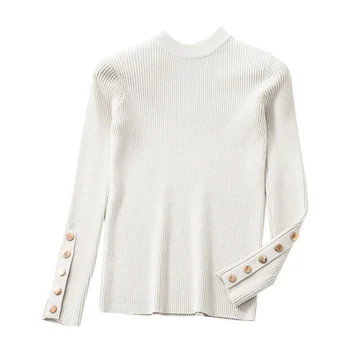 

Autumn New Round Neck Long-sleeved Knit Pullover Fashion Trend Solid Color Metal Buckle Women's Sweater