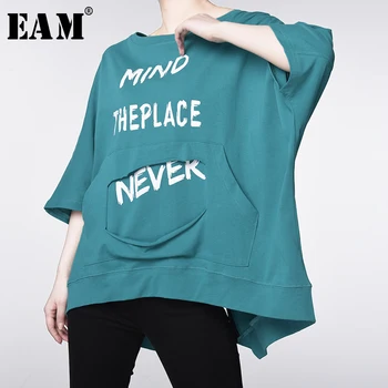

[EAM] Women Blue Letter Printed Big Size T-shirt New Round Neck Three-quarter Sleeve Fashion Tide Spring Summer 2020 1T76005
