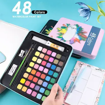 

48 Assorted Watercolor Paint Travel Set Solid Pigment with Metal Box Case Water Color Paint Kit