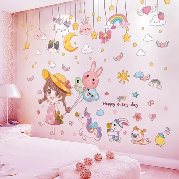 

[SHIJUEHEZI] Girl Balloons Wall Sticker DIY Stars Clouds Animals Wall Decor for Kids Room Baby Bedroom Nursery Home Decoration
