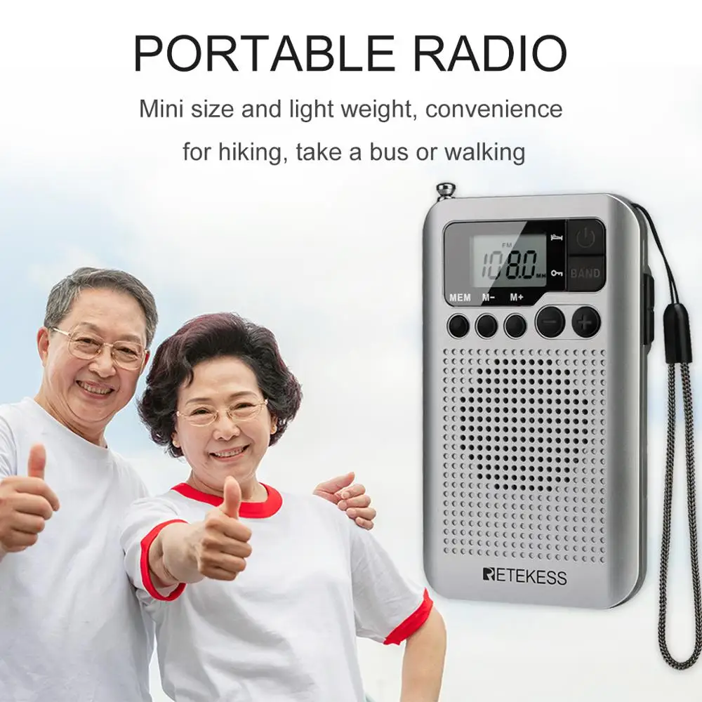 Retekess TR106 Silver Portable FM AM Radio with LCD Display Digital Tuning Speaker Headphone Jack and Support Clock Function