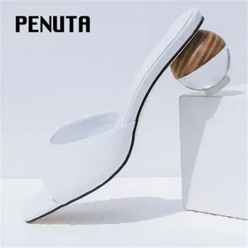 

2020 PENUTA Women Slides Genuine Leather Summer Slippers Women Open Toe Mules Heels Transparent Ball Heel Beach Slippers T03