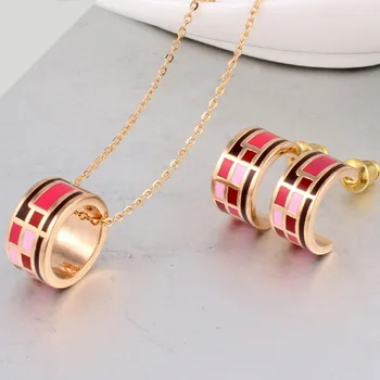 

Zlxgirl small carton Geometric shape Enamel stainless pendant & earring jewelry set gold color necklace accessory sets