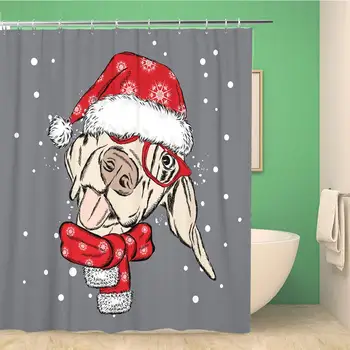 

66x72 Inches Shower Curtain Dog in a Christmas Hat and Sunglasses for or Poster Print on Clothes Cute Puppy Waterproof Polyester