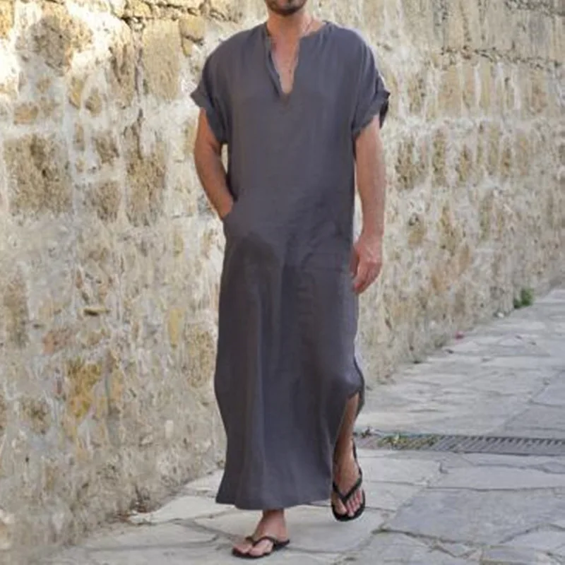 Саудовская Арабская Дубай мужской мусульманский кафтан ТОБ Ближний Восток турецкий исламский традиционный v-образный вырез хлопок Jubba халаты винтажная длинная рубашка - Цвет: Gray