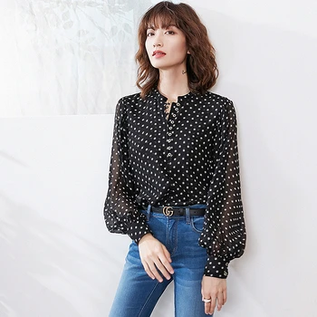 

100% Silk Blouse Woman Casual Style Polka Dot Printed V Neck Long Sleeve Simple Design Elegant Blouse Office Style New Fashion