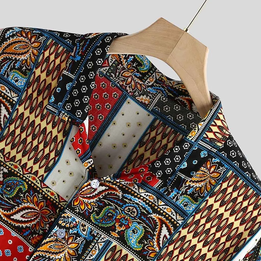 Винтажная Мужская рубашка в этническом стиле с принтом, Свободная Повседневная рубашка с коротким рукавом и отложным воротником, богемная уличная одежда, Топы Camisa# Y3