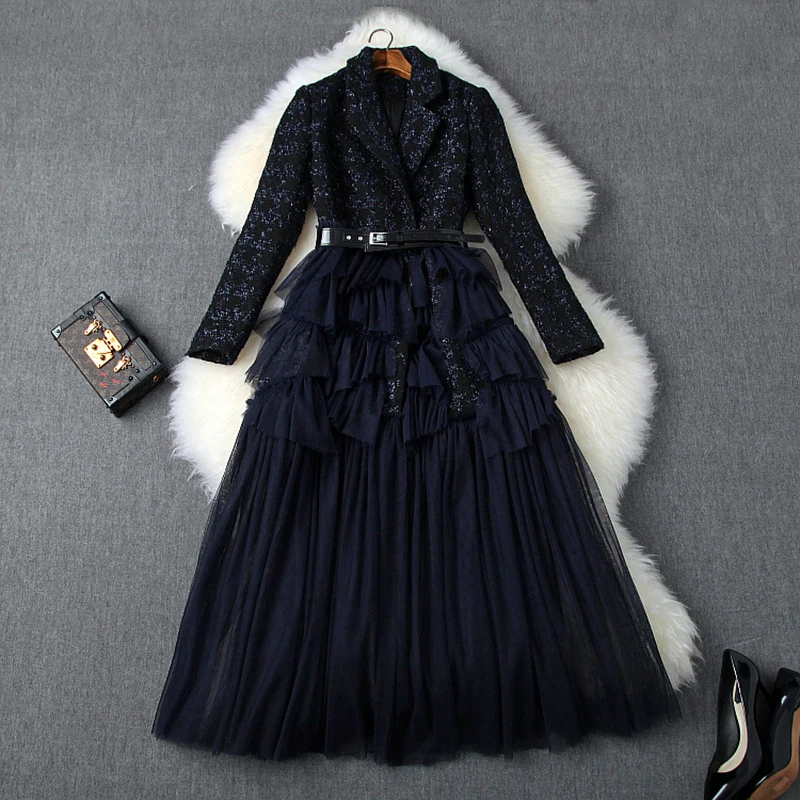 

Women Autumn Blazer Dress Full Sleeve Female Tweed Dresses Runway Design Office Lady Mesh Patchwork Dress Robe Femme