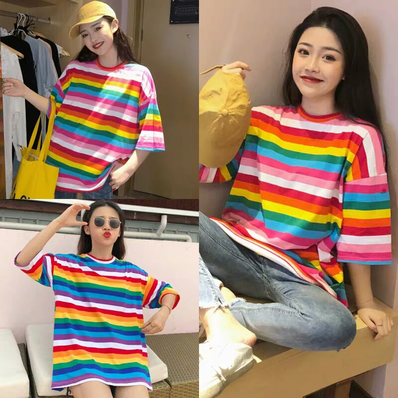 

New T Shirt Women Rainbow Striped Tops Harajuku Summer Short Sleeve Korean Punk T-shirt camiseta feminina