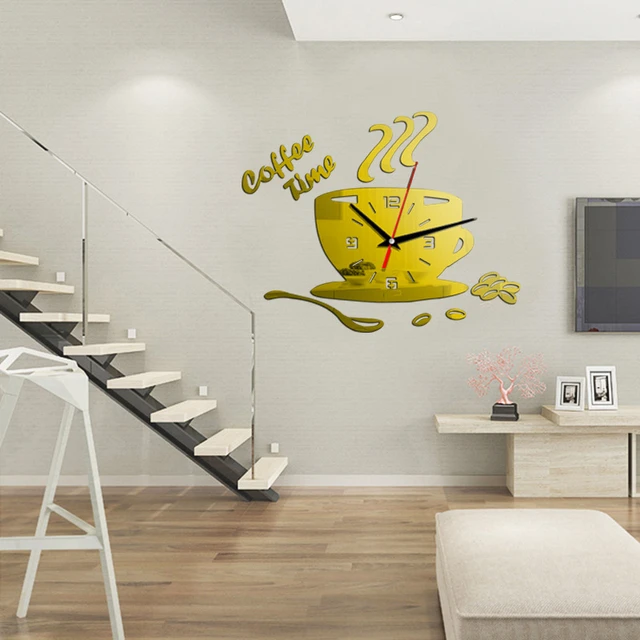 3D Uhr Spiegel Wand Aufkleber DIY Kaffee Zeit Uhr Acryl Wanduhr