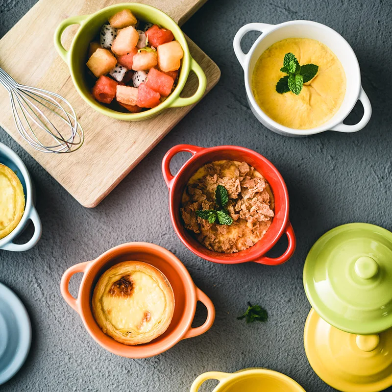 

Baked stew cup with cover lovely shufulei two ear bird's nest children's household tableware bowl baked Bowl Ceramic dessert ste