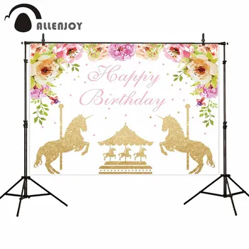 

Allenjoy Happy Birthday Wallpaper Flowers Leaves Dot Golden Glitter Carousel Background Cloth Baby Shower Cartoon Party Banners