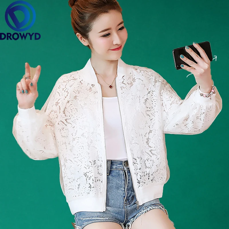 

Summer Lace Thin Baseball Jacket Women Casual O-neck Transparent Bomber Tops Breathable Sunscreen Cardigan Slim Coat 3 Colors