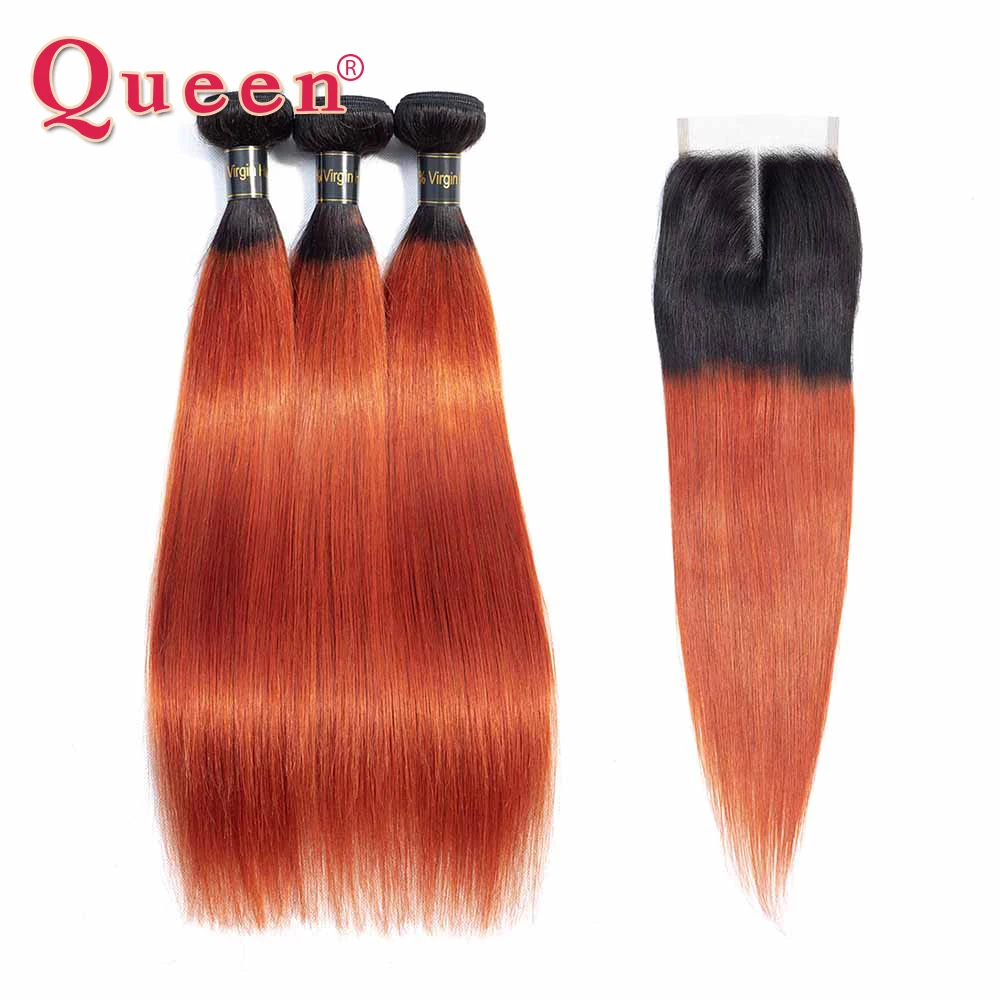 

Ombre Bundles With Closure QUEEN Professional Colored 1B/ 350 Golden Blonde Brazilian Straight Human Hair 3 Bundles With Closure
