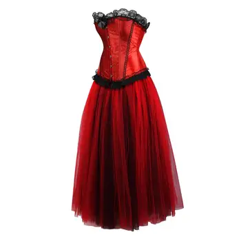 

Grebrafan Gothic Punk Women Overbust Lace Overlay Corsets with Layered Princess Mesh Tulle Long Skirt