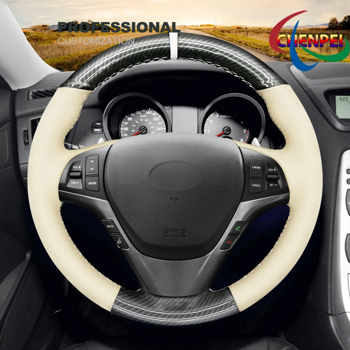 

DIY Hand-Sewn Carbon Fiber Beige Leather Car Steering Wheel Cover For Hyundai Genesis Coupe Car Interior Accessories
