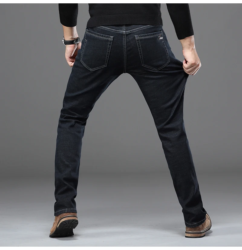 Зимние новые мужские теплые джинсы размера плюс 42 44 46, деловые модные джинсовые Стрейчевые брюки, мужские брендовые утепленные штаны черного и синего цвета