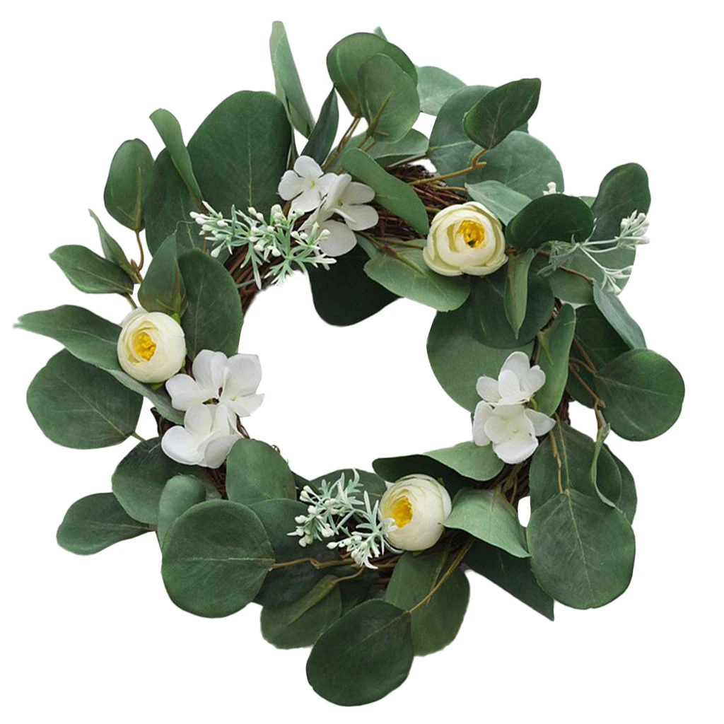 13.8 Inch Succulent Vine Wreath with White Flowers Arrangement for Front Door Home Office Real Twig Based Back