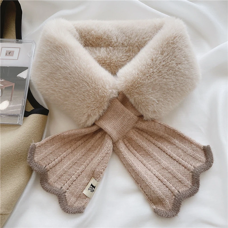 Winter Plush Scarf Woman Thick Fish Tail Wool Knit Cross Fur Collar Outdoor Cycling Neck Protect Cervical Spine Warm Scarve T15