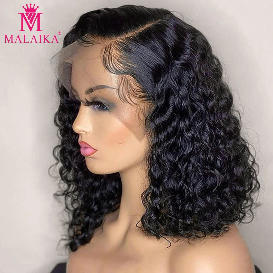 Malaika Rizado corto Bob 13x4 frente de encaje pelucas de cabello humano Pre arrancó Remy cierre peluca Frontal para las mujeres negras de la onda profunda