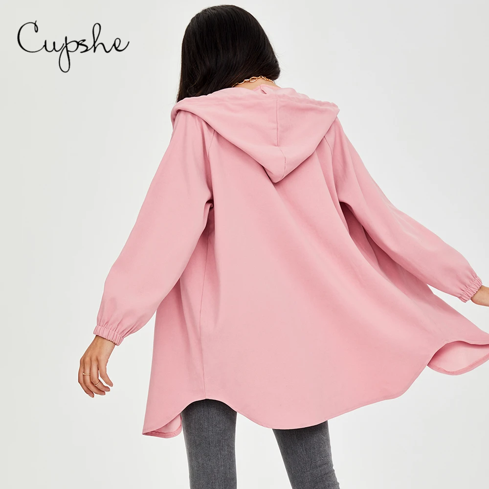 Best  CUPSHE Solid Pink Oversized Zip Hooded Coats Jackets Woman Casual Long Sleeve Sweatshirts 2019 Spri
