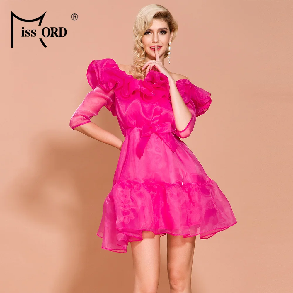 

Missord 2019 Autumn and Winter O Neck Half Sleeve Dresses Female Elegant Solid Color Mini Ruffles Dress FT19807