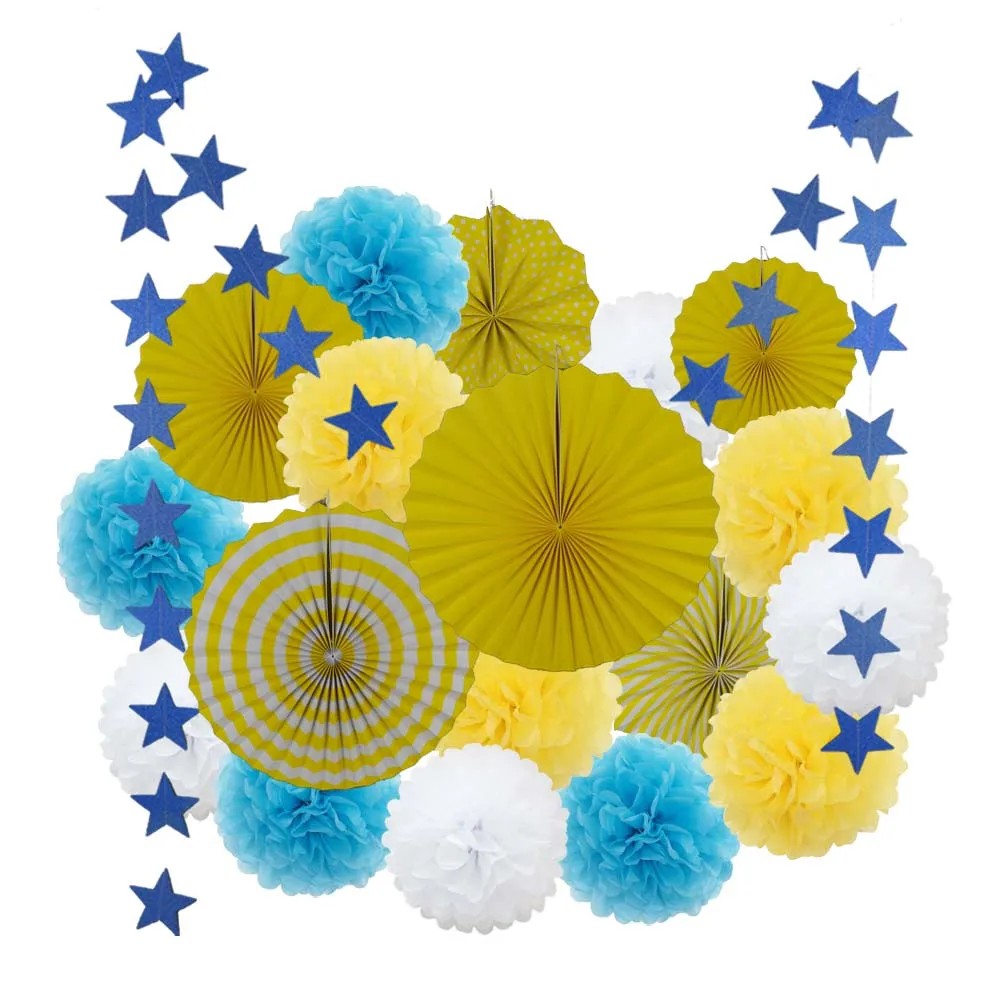 Yellow Blue Set 19 шт./компл. для маленьких девочек мальчик, кукла спящий младенец вечерние пользу висит бумажные поделки для свадьбы День рождения Декор розовый/синий/желтый/фиолетовый Бумага вентилятор с помпонами - Цвет: Yellow Blue Set