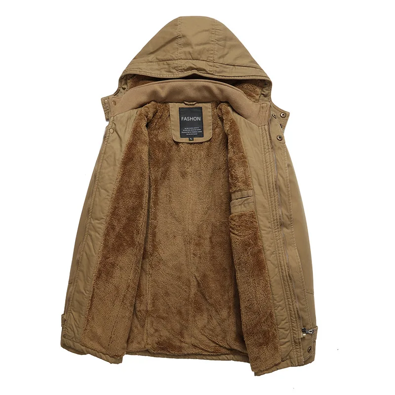 

2019 Winter Men Jacket Brushed And Thick Workwear Mid-length Large Size Coat Hooded Pure Cotton Casual Jacket Men's