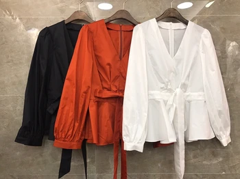 

Women designer white cotton tops and blouses autumn winter new arrival 2019 cross bow tie ruffle hem sexy shirts