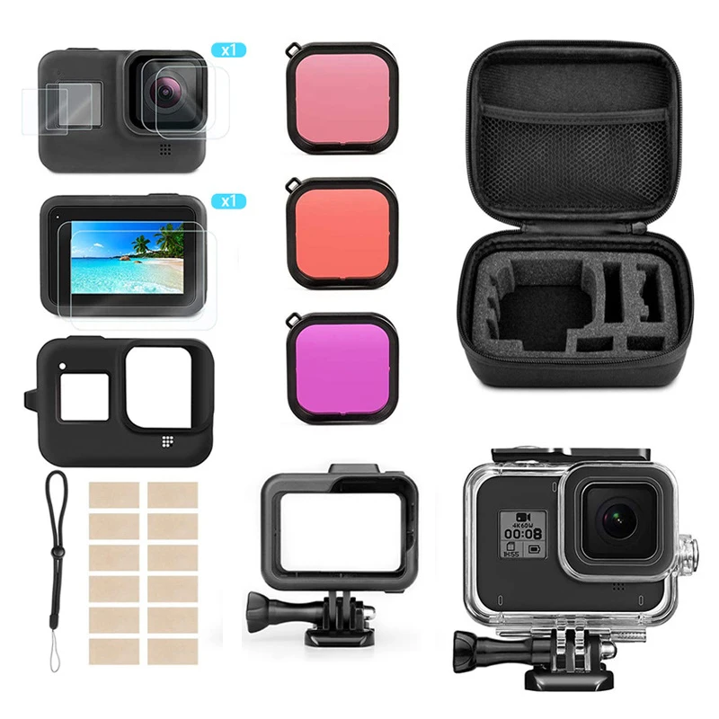 Для Go Pro 8, комплект аксессуаров, водонепроницаемый чехол для GoPro Hero 8 Hero8, защитная рамка для экшн-камеры, чехол, защитная пленка